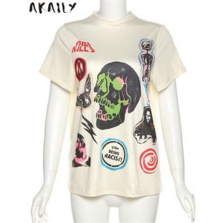 Szín: APRICOT M - Akaily Summer Streetwear O Neck Print felsők Női 2023 Crop Top Rövid Bodycon pólók Causal Graphic