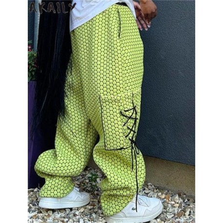 Szín: zöld L - Akaily őszi zöld kockás tehernadrág női divat 2022 magas derék pólya széles láb táskás nadrág női