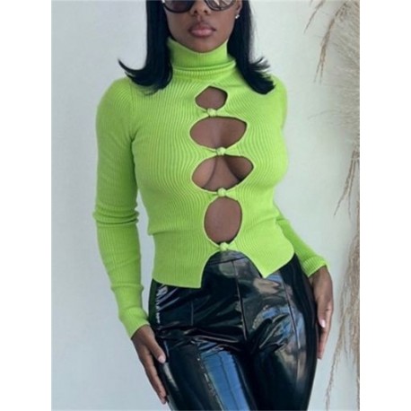 Szín: zöld L - Akaily őszi fekete hollow Out pólók női divat 2022 garbós hosszú ujjú Y2K felsők Női bordázott