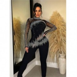 Szín: fekete XXL - Akaily Fall Black Diamonds Jumpsuit Női See Throguh One Piece Party Outfitek 2022 Mesh Patchwork Bodycon