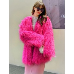 Szín: Rose Red M - Akaily Solid műszőrme női kabátok 2023 Streetwear hosszú ujjú V nyakú dzsekik Rózsaszín alkalmi