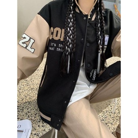 Szín: fekete XXL - Akaily őszi leveles hímzésű női baseball dzsekik 2022 fekete patchwork hosszú ujjú kabátok Női