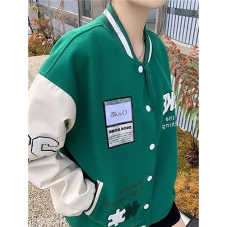 Szín: zöld XXL - Akaily őszi leveles hímzésű női baseball dzsekik 2022 fekete Patchwork hosszú ujjú kabátok Női