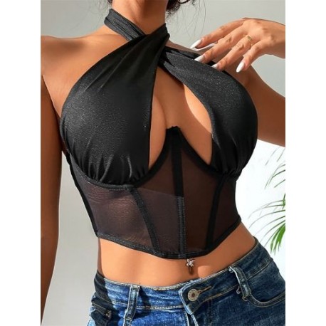 Szín: fekete M - Akaily nyári hálós patchwork Crop Top klubruha női 2023-as szexi, ujjatlan kötőfékű, áttetsző női,