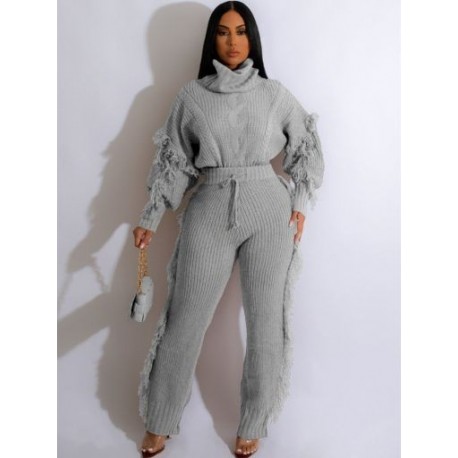 Szín: szürke XL - Akaily őszi barna kötött 2, kétrészes készletek női alkalmi ruhák 2022 rózsaszín garbó hosszú