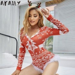 Szín: piros M - Akaily őszi téli karácsonyi mintás body Szexi ruhák női V nyakú, hosszú ujjú szexi felső női Bodycon