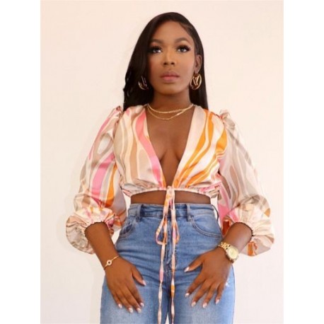 Szín: sárga M - Akaily nyári csíkos nyomtatott, vágásos felső női 2022-es, hosszú, kiszélesedő ujjú, kötszeres,