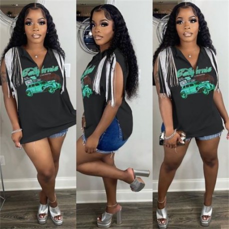 Szín: fekete XXXL - Akaily Summer Street Graphic pólók női 2022-es bojtárujjatlan nyomtatott felsők női V nyakú laza