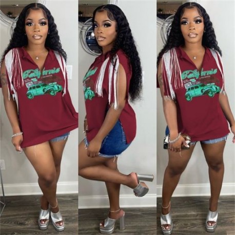 Szín: bordó XXXL - Akaily Summer Street Graphic pólók női 2022-es bojtárujjatlan nyomtatott felsők női V nyakú laza