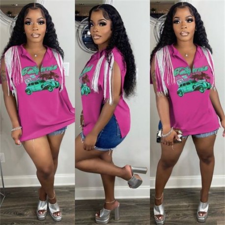 Szín: Rose Red XXXL - Akaily Summer Street Graphic pólók női 2022-es bojtárujjatlan nyomtatott felsők női V nyakú laza