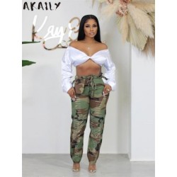 Szín: zöld XL - Akaily Fall Camo Print szakadt tehernadrág női divat 2022 magas derekú bandage baggy nadrág Női alkalmi