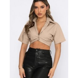 Szín: APRICOT XL - Akaily őszi fekete utcai póló nőknek, 2022. Lehajtható gallérral felfelé gombos rövid ujjú pólók