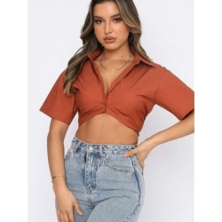 Szín: kávé XL - Akaily őszi fekete utcai póló nőknek, 2022. Lehajtható gallérral felfelé gombos rövid ujjú pólók