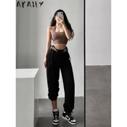 Szín: fekete M - Akaily őszi fekete bő melegítőnadrág női divat 2022 magas derék pólya táskás nadrág Női alkalmi