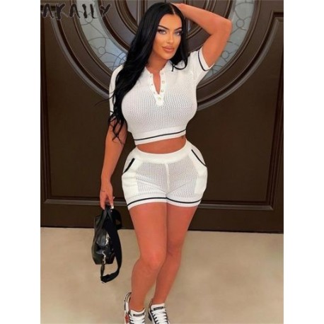 Szín: fehér M - AKAILY Nyári fekete kötött Bodycon 2 kétrészes szett utcai ruházati ruhák nőknek 2023 Crop top és