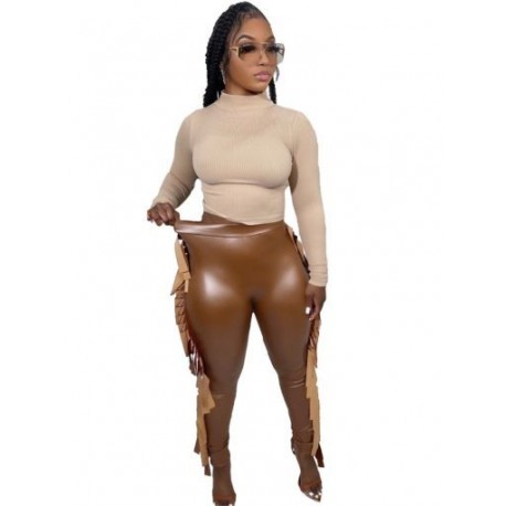 Szín: Khaki XXL - Akaily őszi fekete műbőr ceruzanadrág női divat 2022 magas derekú vékony leggings női bojt alkalmi