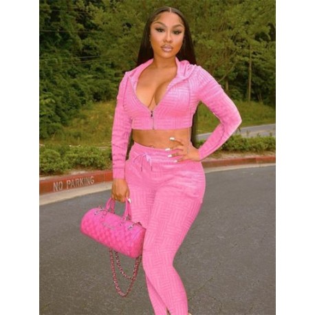 Szín: rózsaszín L - Akaily Summer Pink 2 kétrészes szettek atléta, női ruhák, kapucnis, cipzáras Crop felső és