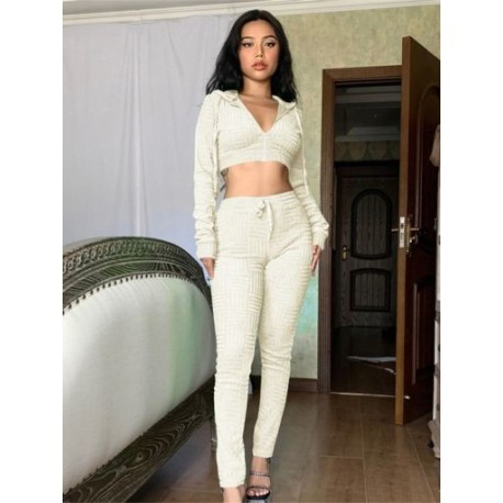 Szín: APRICOT L - Akaily Summer Pink 2 kétrészes szettek atléta, női ruhák, kapucnis, cipzáras Crop felső és nadrág