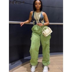 Szín: zöld S - Akaily Fall Green Cargo nadrágok nőknek utcai ruházat, 2022, magas derekú zsebek, széles szárú, táskás
