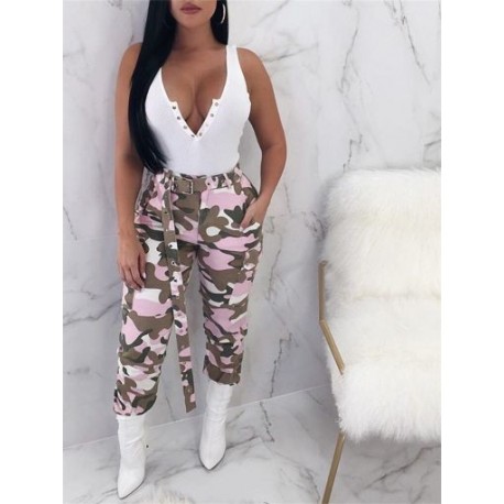 Szín: rózsaszín XL - Akaily Fall Camo Print Cargo nadrág női divat 2022 magas derék öv boka kötözött női alkalmi,