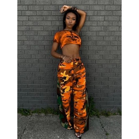 Szín: narancssárga M - Akaily őszi téli tehernadrág nőknek 2022 Streetwear Camo Print Patchwork táskás flare nadrág