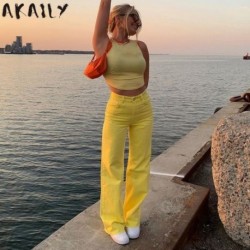 Szín: sárga L - Akaily Summer Streetwear tömör bő cipzáras egyenes nadrágok női narancssárga magas derekú széles