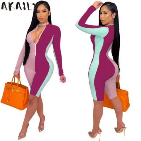 Szín: Lila XXL - Akaily Summer Streetwear Patchwork rövidnadrág Női Jumpsuit V nyakú cipzáros Bodycon Női Jumpsuit