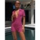 Szín: Rose Red S - Akaily Summer Flocking Red Rompers Női Bodycon Jumpsuit Rövid kockás V nyakú rövid ujjú Playsuit Női