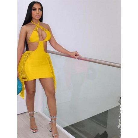 Szín: sárga XL - Akaily Fekete Bodycon Kötött Bodycon Mini ruhák Nyári ruhák Női 2023 Szexi Bandage Halter ruhák