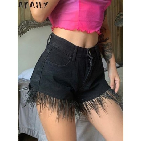 Szín: fekete S - Akaily Black Patchwork Feather Shorts Nyári Női Felszerelések 2023 Utcai viselet Magas derekú csizma