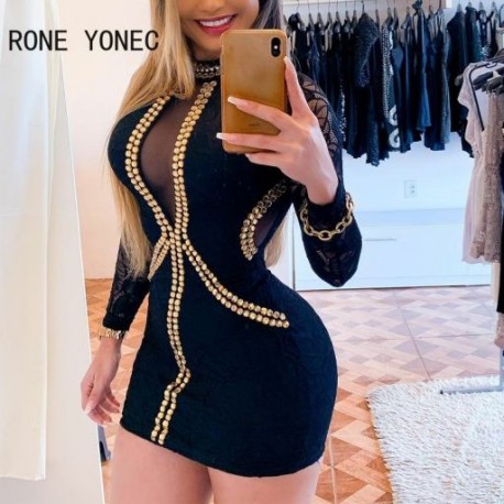 Szín: kék XL - Női szexi patchwork strasszos hosszú csipkeujjú hálós Bodycon mini szexi parti ruhák