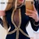 Szín: kék XL - Női szexi patchwork strasszos hosszú csipkeujjú hálós Bodycon mini szexi parti ruhák