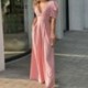 Szín: rózsaszín XL - Női Elegáns Szexi Mély V nyakú, Rövid Puff ujjú, Zseb, Széles Lábas Működő Jumpsuit