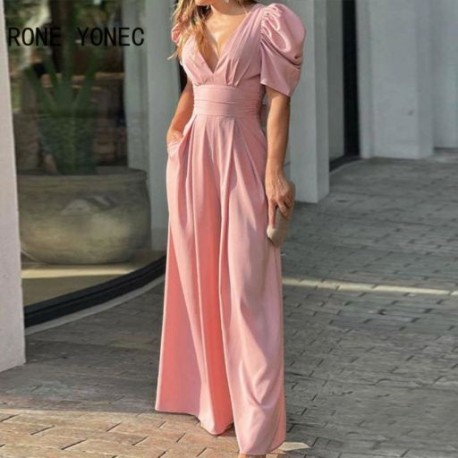 Szín: rózsaszín XL - Női Elegáns Szexi Mély V nyakú, Rövid Puff ujjú, Zseb, Széles Lábas Működő Jumpsuit