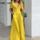 Szín: rózsaszín XL - Női Elegáns Szexi Mély V nyakú, Rövid Puff ujjú, Zseb, Széles Lábas Működő Jumpsuit