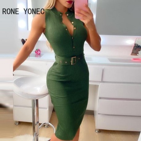 Szín: zöld S - Női Solid Elegant Tank Bordázott gombos Síkék Bodycon Szexi ruhák
