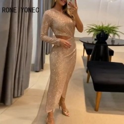 Szín: Champagne L - Női tömör szexi hosszú váll ujjú flitterek Maxi Midriff Bodycon szexi parti ruhák