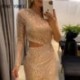 Szín: Champagne L - Női tömör szexi hosszú váll ujjú flitterek Maxi Midriff Bodycon szexi parti ruhák