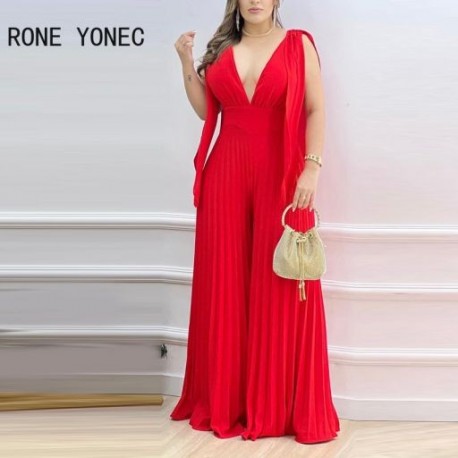 Szín: piros M - Női Elegáns Solid Deep V nyak, ujjatlan redőzött háromdimenziós Deocr szexi széles lábú jumpsuit