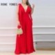 Szín: piros M - Női Elegáns Solid Deep V nyak, ujjatlan redőzött háromdimenziós Deocr szexi széles lábú jumpsuit