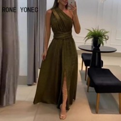 Szín: zöld XL - Női tömör szexi egy váll flitterek Maxi A Line High Silt Criss Cross hát nélküli szexi parti ruhák