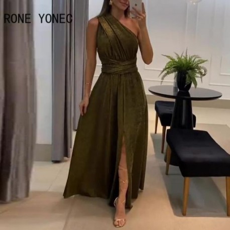 Szín: zöld XL - Női tömör szexi egy váll flitterek Maxi A Line High Silt Criss Cross hát nélküli szexi parti ruhák