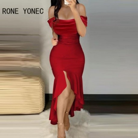 Szín: piros L - Női elegáns tömör láncpántok, hosszú ujjú, magas silt Maxi Mermaid Bodycon formális parti ruhák