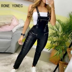 Szín: fekete M - Női Elegáns Tömör Pu Bőr cipzáras Decor Overall Supenders Jumpsuit