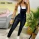 Szín: fekete M - Női Elegáns Tömör Pu Bőr cipzáras Decor Overall Supenders Jumpsuit
