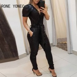 Szín: fekete M - Női szexi mély V nyakú flitterek, fűzős, hálós hátú, bokáig érő láb formális jumpsuit