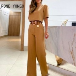 Szín: Camel S - Női Solid Chic, fél ujjú Crop póló és széles szárú nadrág szett női szettek