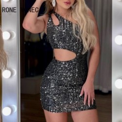 Szín: fekete S - Női elegáns flitterek egy váll átlós gallérral középső szexi mini Bodycon partiruhák
