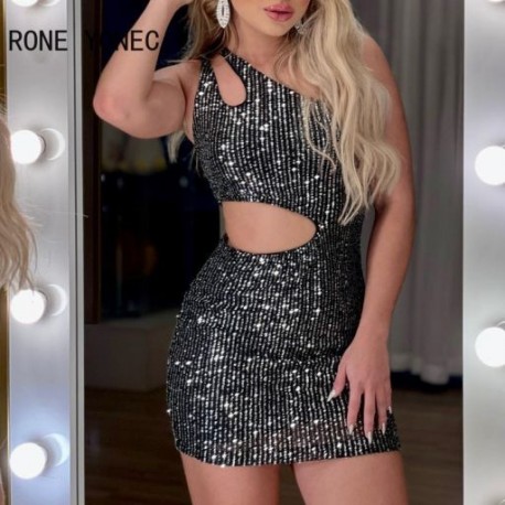Szín: fekete S - Női elegáns flitterek egy váll átlós gallérral középső szexi mini Bodycon partiruhák