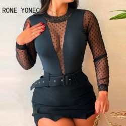 Szín: fekete XL - Női szexi Patchwork csipke, hosszú ujjú, pöttyös felsők, női póló